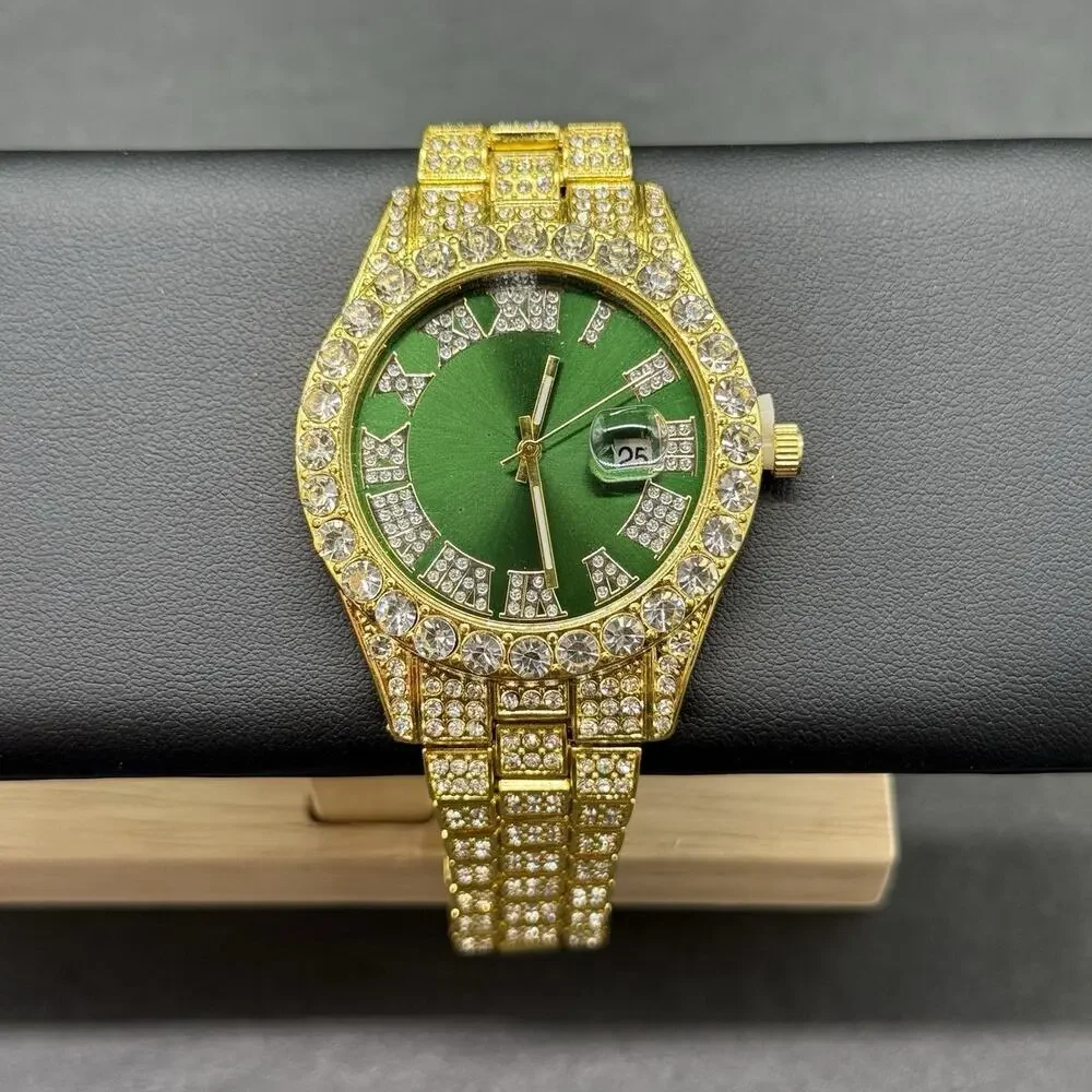 Gold Tone Iced Out Watch Green Dial Roman Numerals Crystal Date Bling Mens NEW